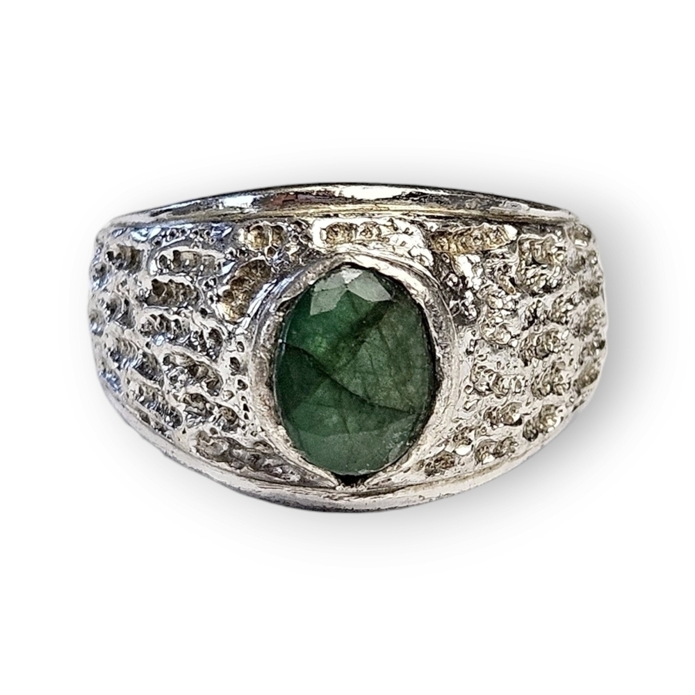 Green Tourmaline Sterling Ring Rutilated Domed Unisex 925 Silver Size 9.5 FLAW